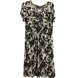 Vintage Nina Leonard Brown & Cream Animal Print Gathered Dress Wrinklefree Sz  L